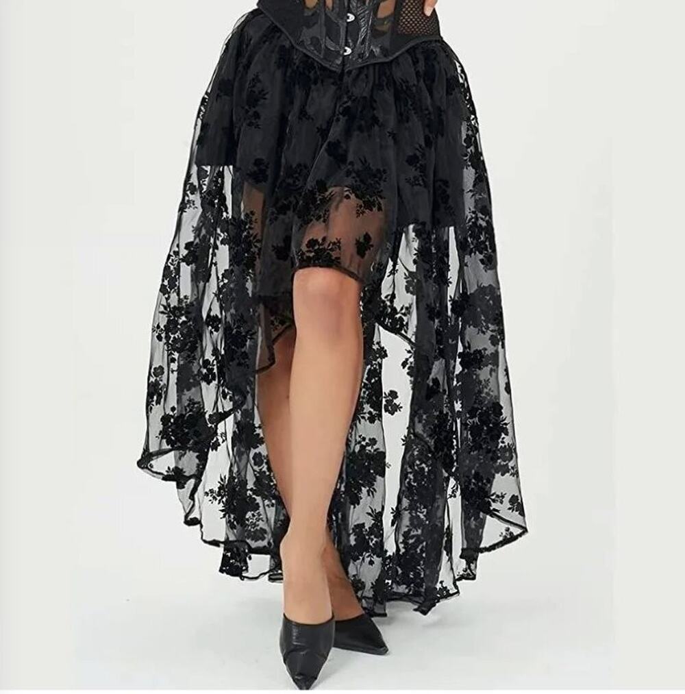 Victorian Steampunk High Low Black Skirt M Flocked Floral Sheer Chiffon Gothic